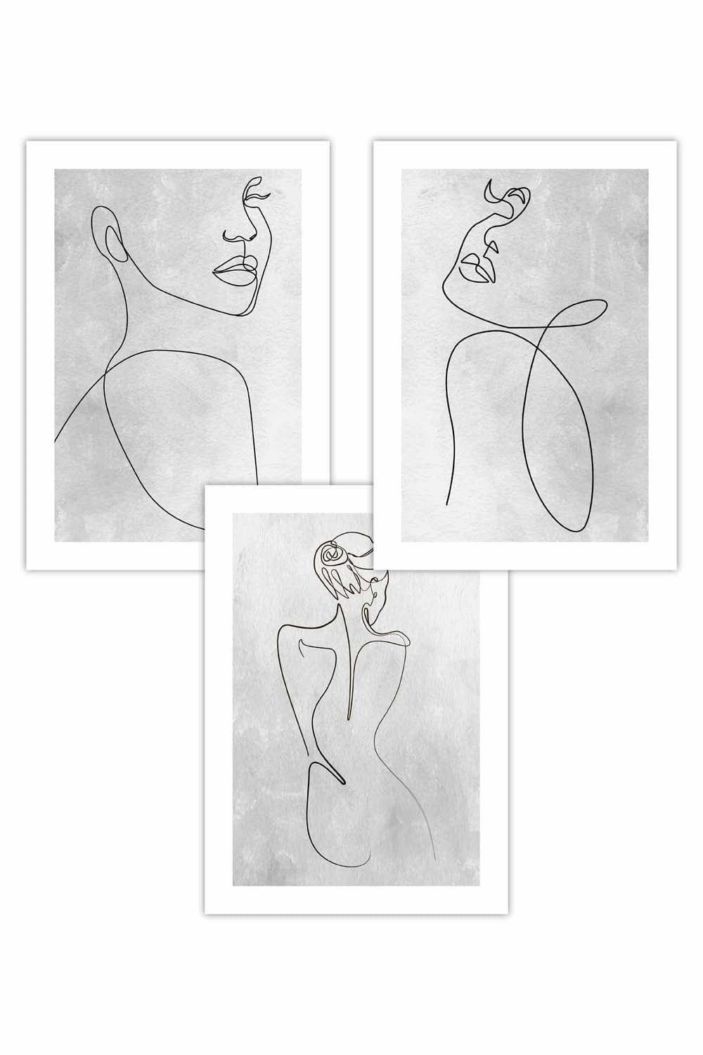 Set of 3 Grey Abstract Line Art Female Art Posters